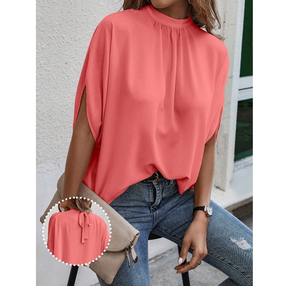 Coral Blouse Top Flowy, High Neck - Picture 7 of 13